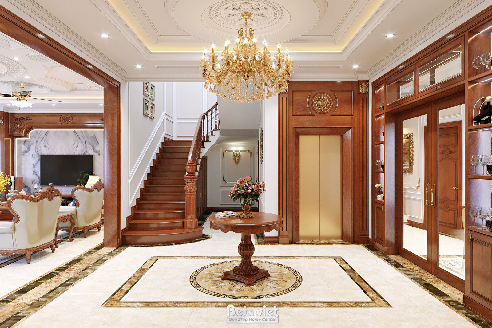 Nội thất đại sảnh biệt thự tân cổ điển NT22021 – góc nhìn 2