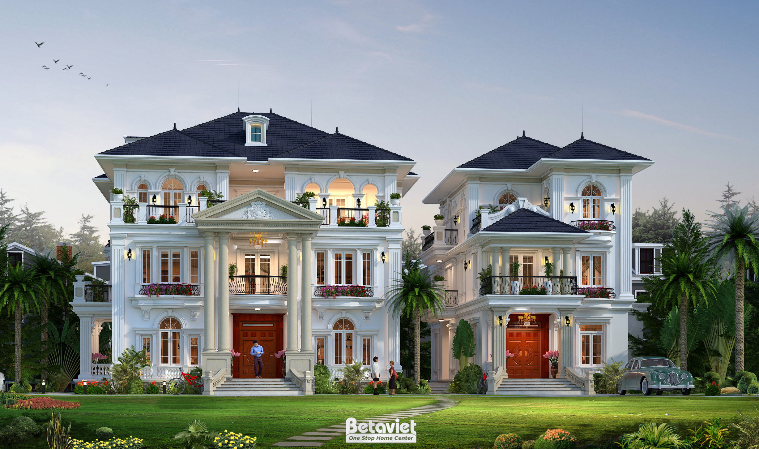 Thiết kế dinh thự đôi có sân vườn tân cổ kiểu Pháp tại Hưng Yên KT18080