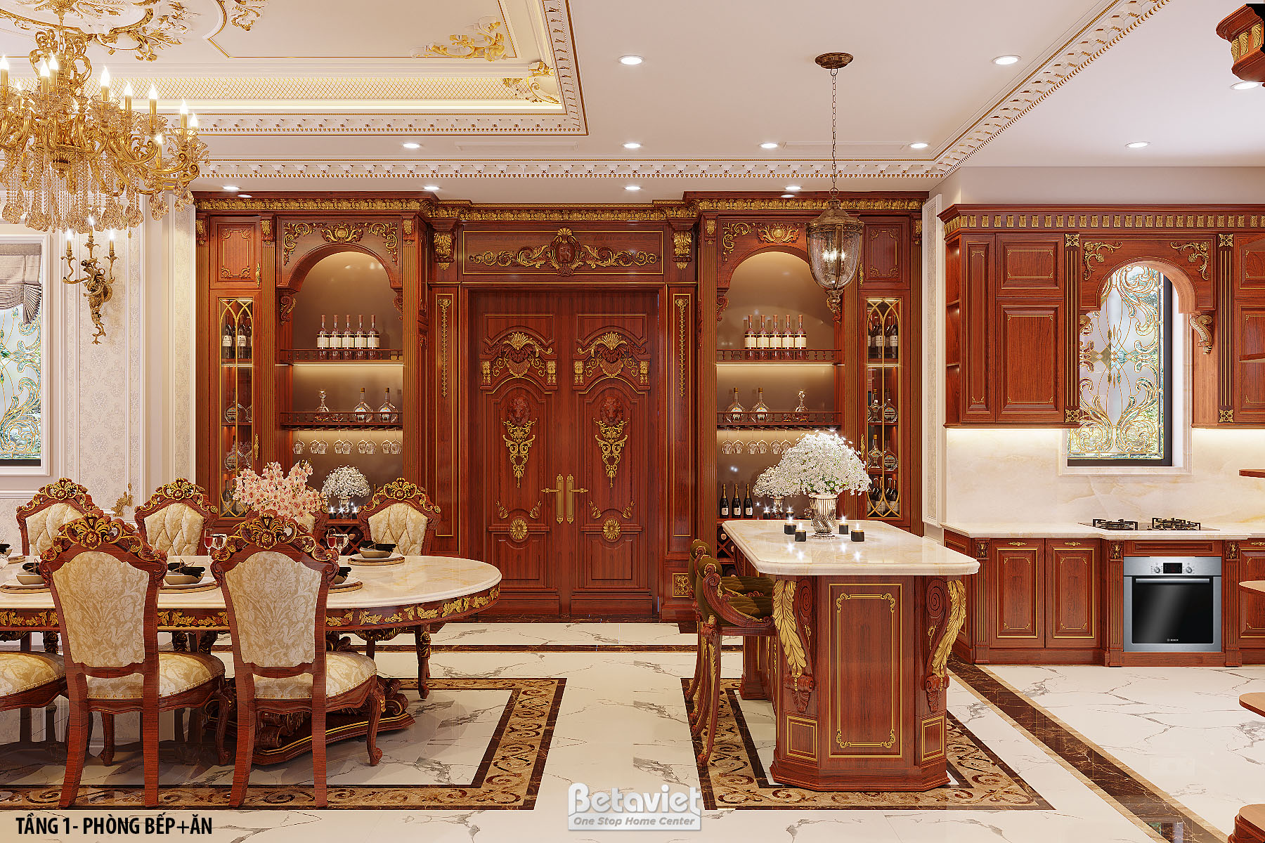 Mẫu thiết kế nội thất phòng bếp châu Âu cao cấp 