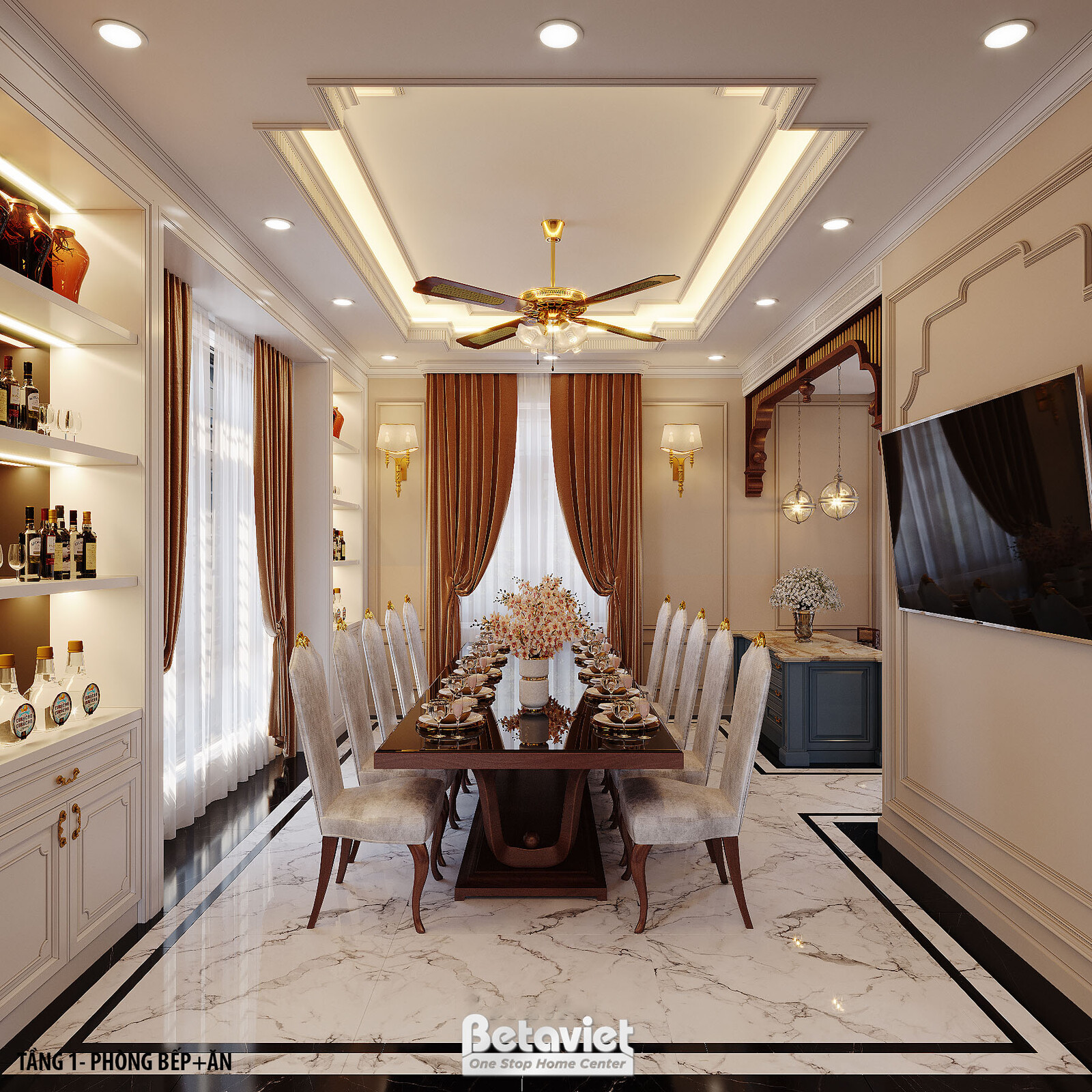 Nội thất phòng ăn biệt thự Art Deco KT22096 – góc nhìn tổng thể