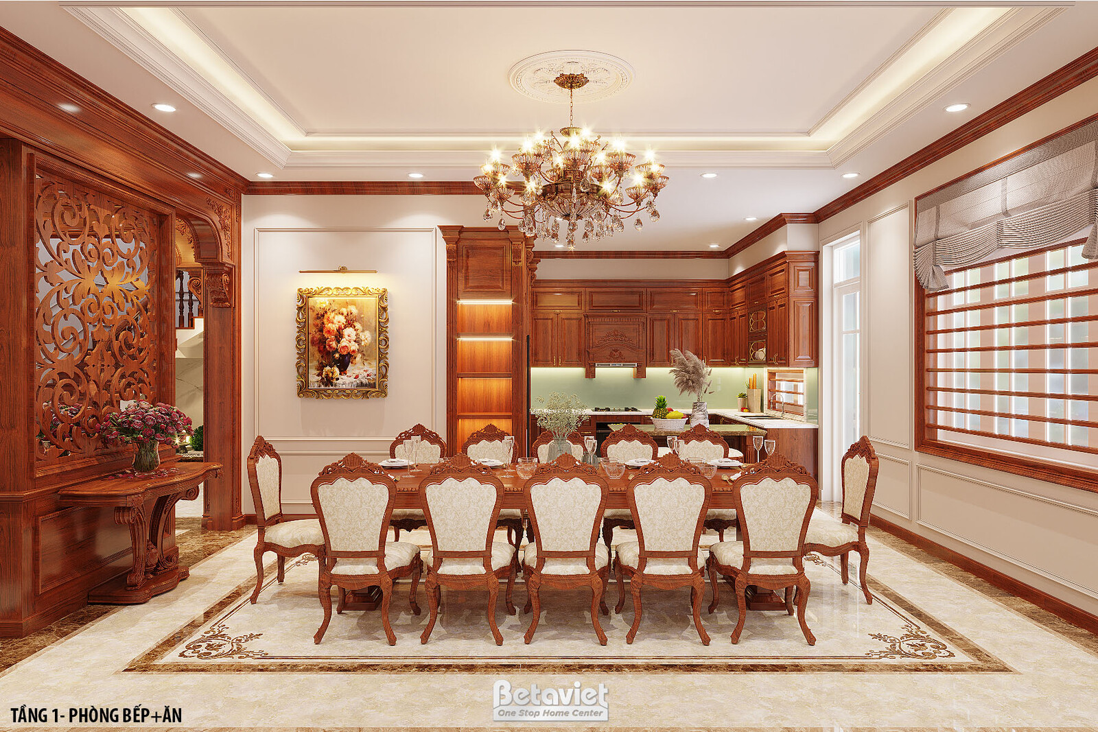 Nội thất phòng ăn biệt thự tân cổ điển KT22069 – góc nhìn tổng thể