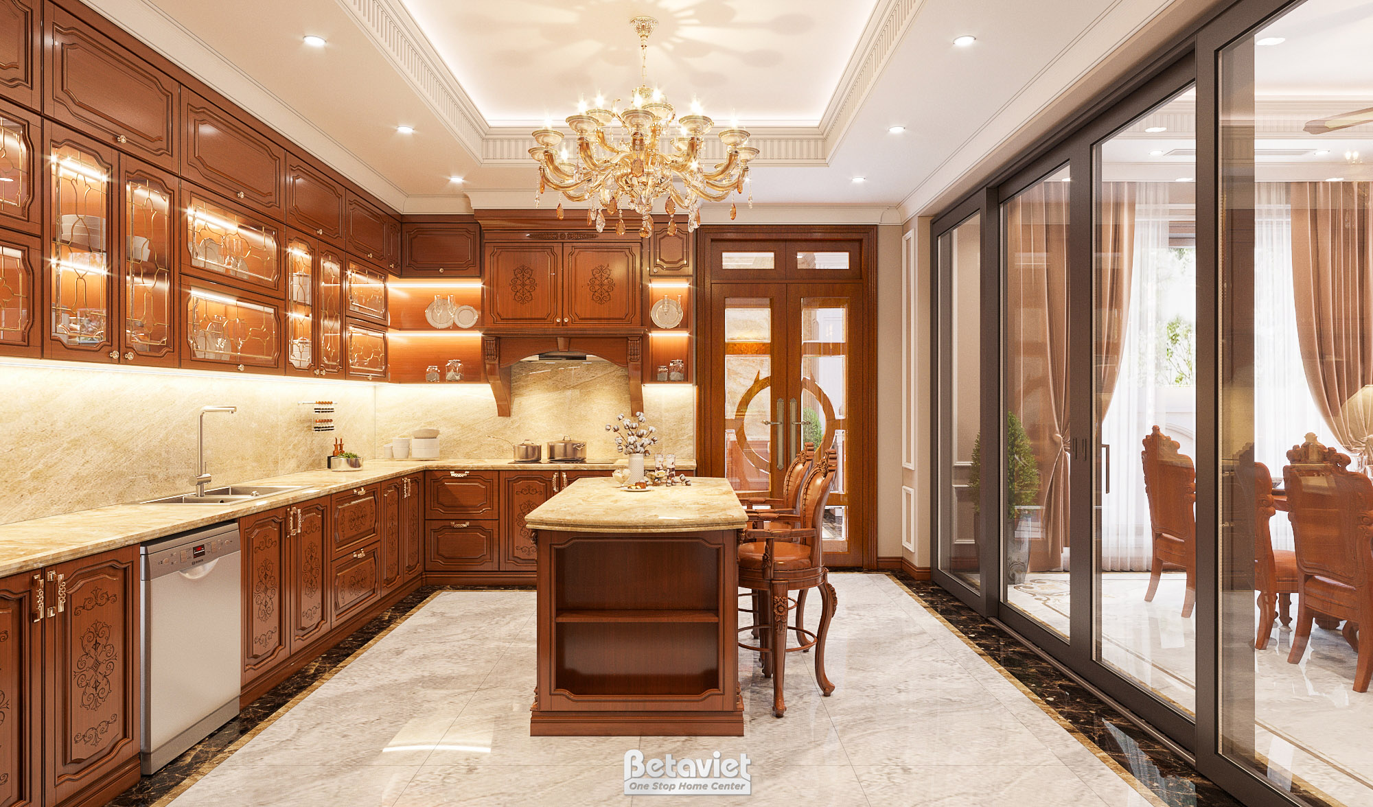 Thiết kế nội thất phòng bếp biệt thự tân cổ điển NT22108