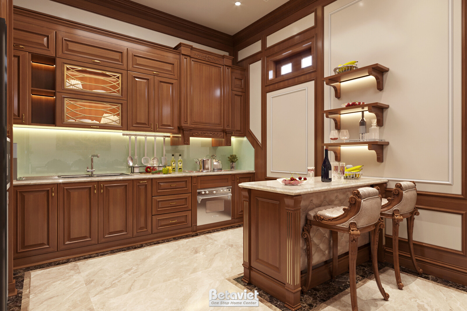 Nội thất phòng bếp biệt thự tân cổ điển NT21016 – góc nhìn 3