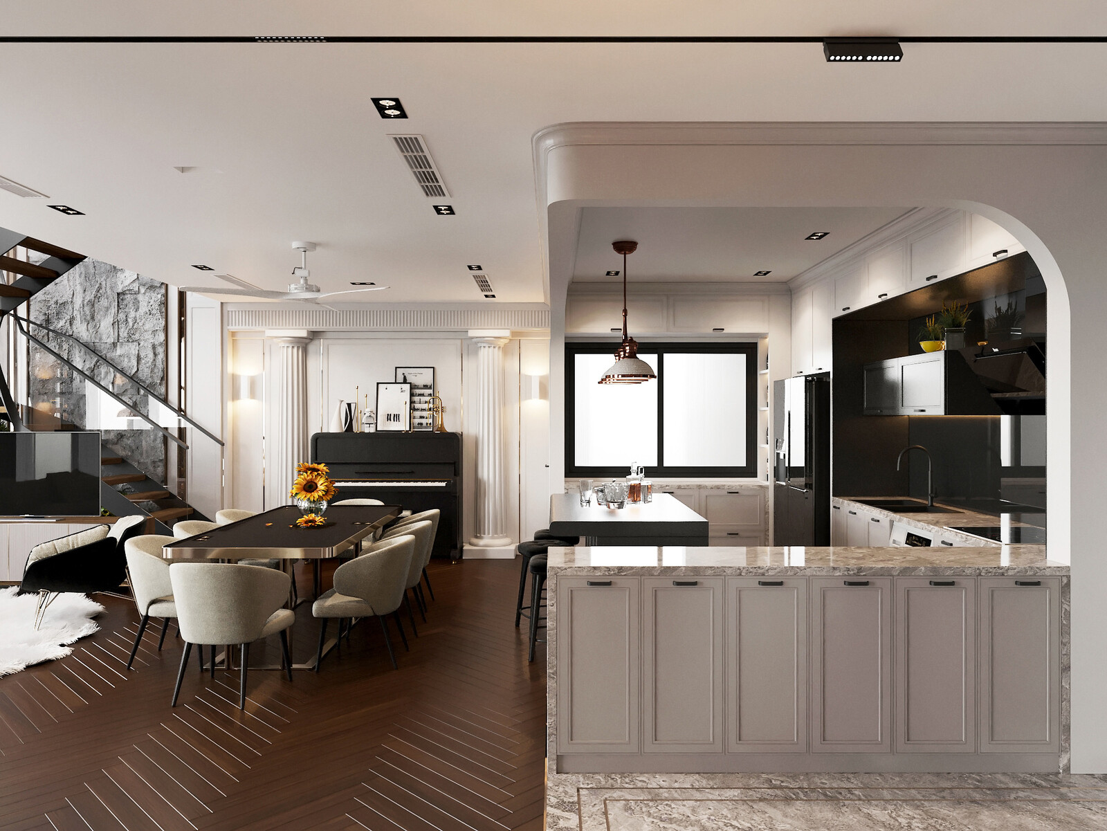 Phòng bếp với hệ tủ bếp màu trắng, đảo bếp trung tâm màu đen và quầy bar mini. Các thiết bị nhà bếp hiện đại được tích hợp…