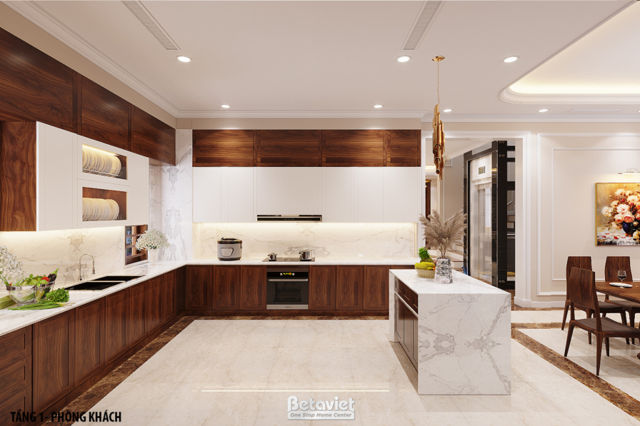 Nội thất phòng bếp biệt thự hiện đại gỗ NT22065 – góc nhìn 2