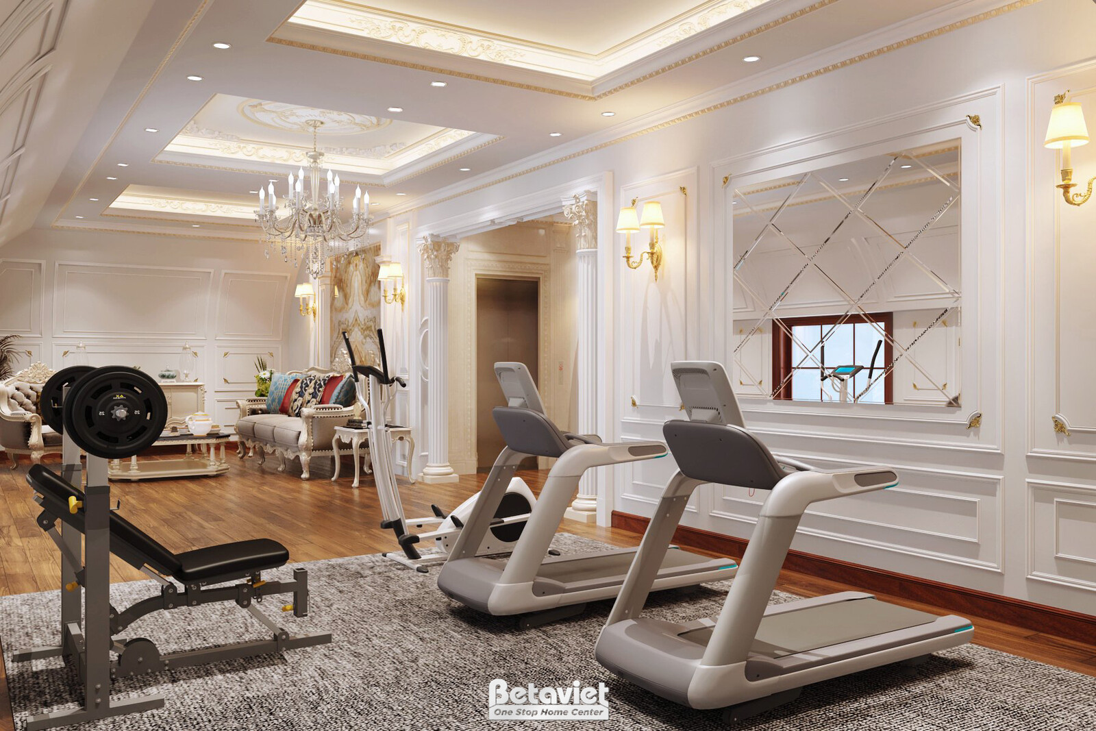Nội thất phòng tập gym biệt thự tân cổ điển KT22086 – góc nhìn tổng thể