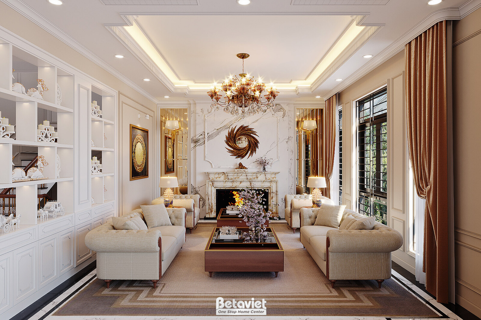 Nội thất phòng khách biệt thự Art Deco KT22096 – góc nhìn tổng thể