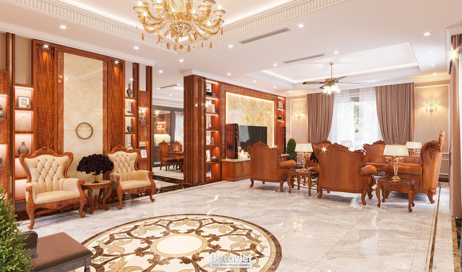 Nội thất phòng khách biệt thự tân cổ điển KT22108 – góc nhìn 3