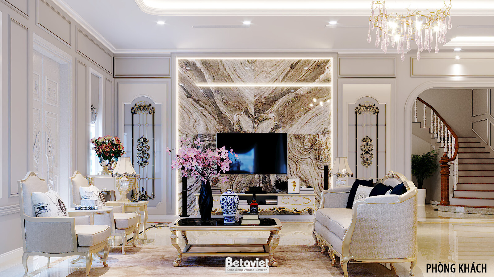 Nội thất phòng khách biệt thự Art Deco NT20105 – góc nhìn tổng thể