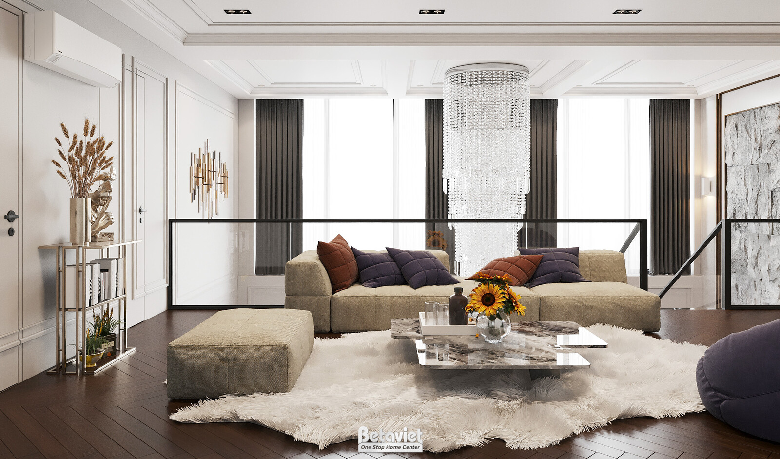 Phòng sinh hoạt chung nhìn từ trên cao, tổng thể không gian mở và liên thông. Ghế sofa chữ L màu ghi đá, bàn trà đá tự nhi…