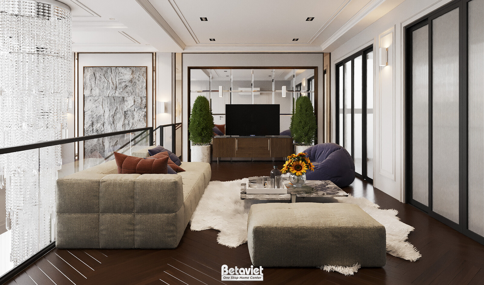 Phòng sinh hoạt chung với ghế sofa chữ L màu ghi đá, bàn trà đá tự nhiên và đèn thả nghệ thuật. Kệ tivi âm tường và tủ tra…