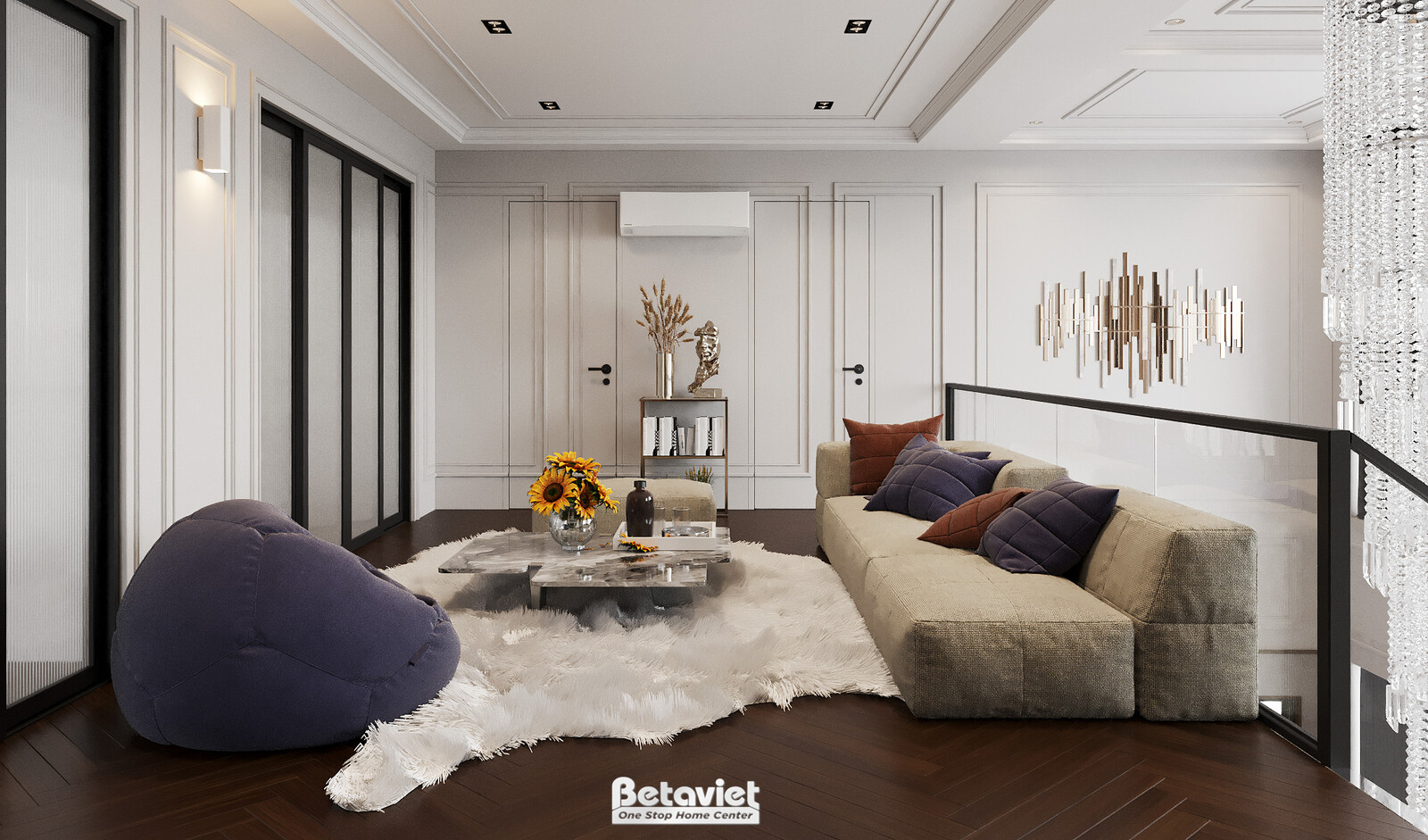 Góc nhìn khác của phòng sinh hoạt chung, tập trung vào khu vực sofa và bàn trà. Sofa chữ L màu ghi đá êm ái, bàn trà mặt đ…