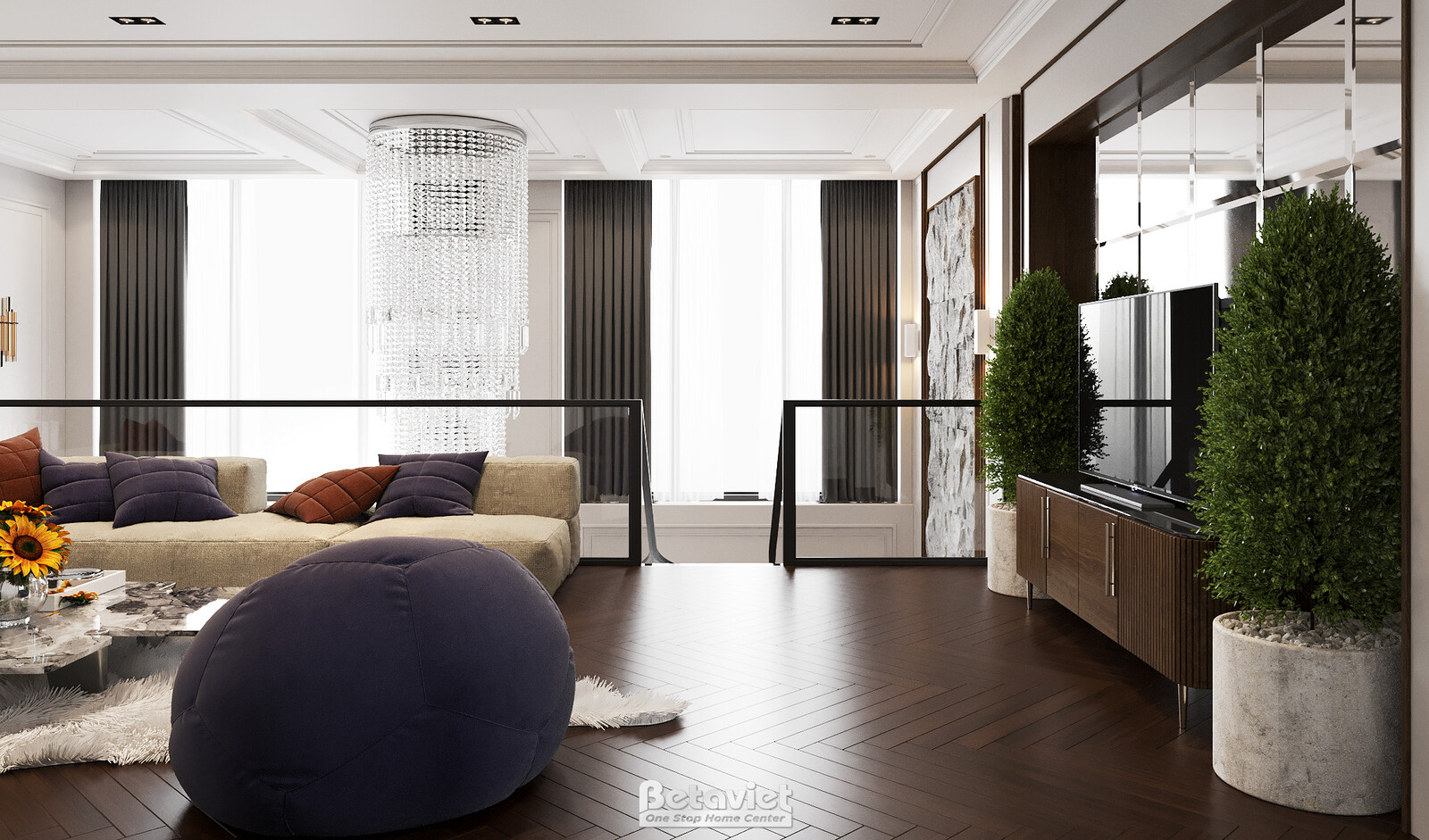 Phòng sinh hoạt chung với ghế sofa chữ L màu ghi đá, bàn trà đá tự nhiên và đèn thả nghệ thuật. Tường ốp phào chỉ trắng kế…