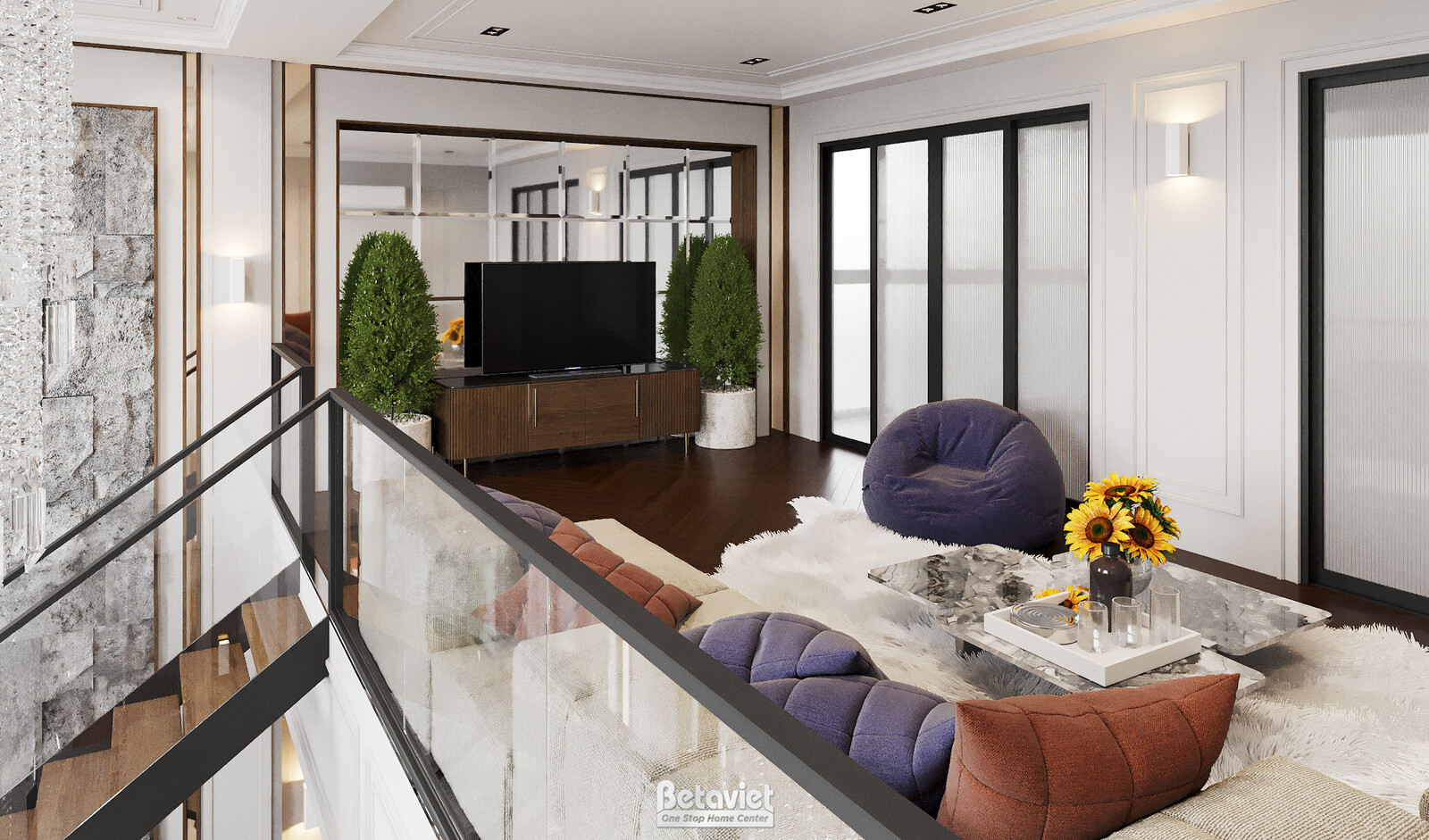 Phòng sinh hoạt chung nhìn ra khu vực sảnh đệm và cầu thang. Ghế sofa chữ L màu ghi đá, bàn trà đá tự nhiên. Tường ốp phào…