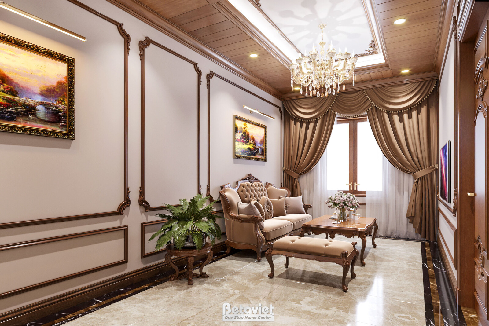 Nội thất phòng sinh hoạt chung biệt thự tân cổ điển KT20135 – góc nhìn 2
