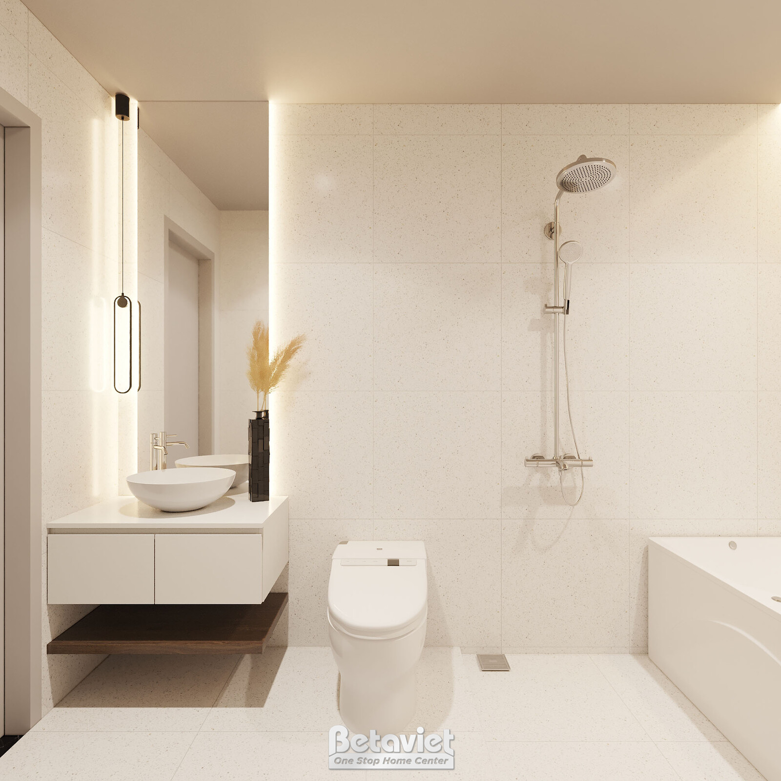 Phòng tắm master rộng rãi với bồn tắm lớn đặt cạnh cửa sổ, mang lại trải nghiệm thư giãn. Tường và sàn ốp gạch màu be sáng…