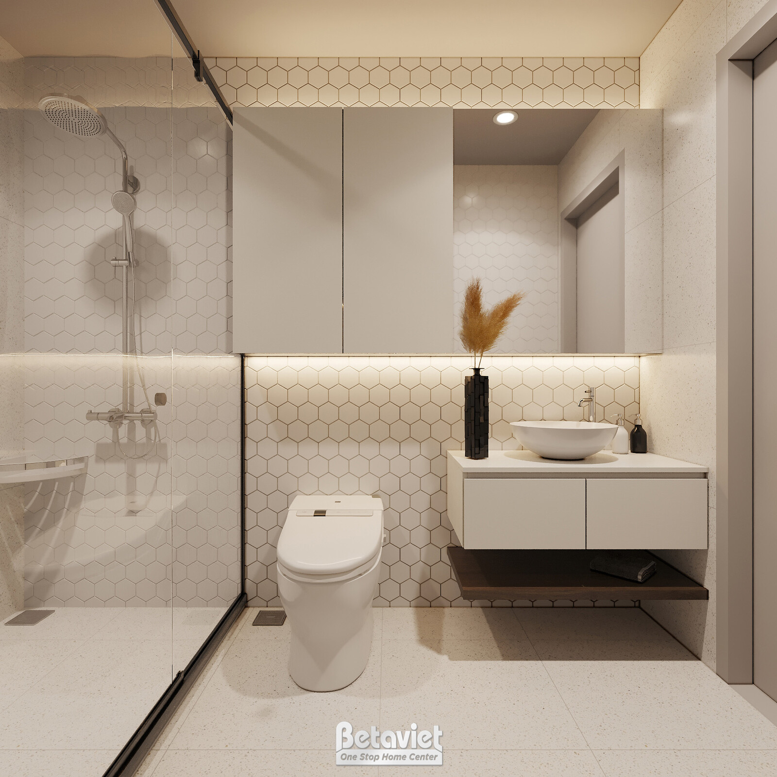 Phòng tắm master với tủ lavabo đôi màu trắng, mặt đá và gương soi toàn phần lớn. Ánh sáng hắt từ gương và đèn âm trần làm…