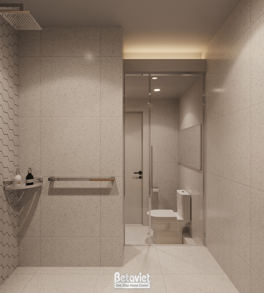 Góc nhìn cận cảnh phòng tắm phụ, tập trung vào khu vực lavabo và gương. Gương tròn lớn có đèn LED hắt sáng, tủ lavabo âm t…