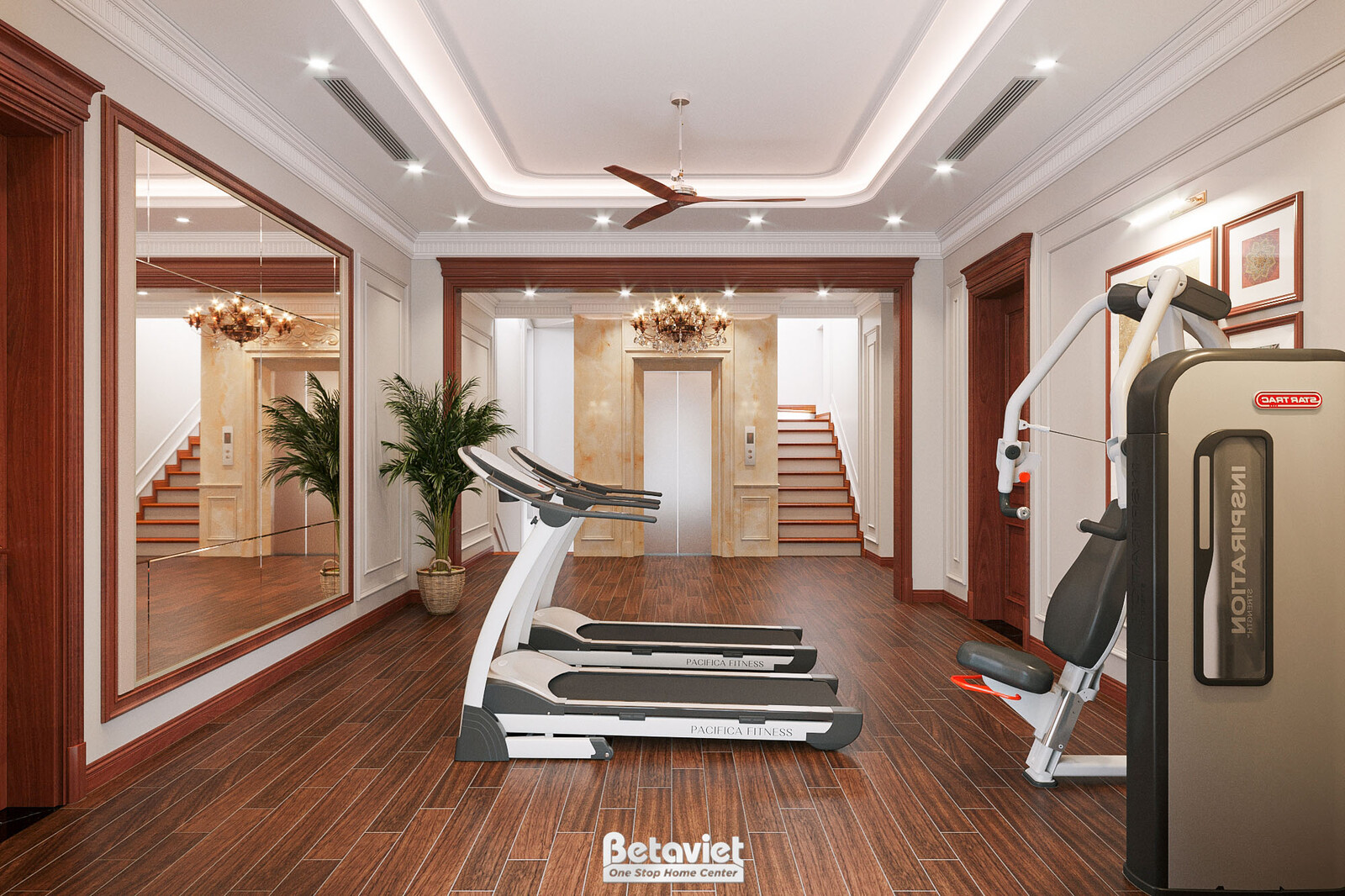 Nội thất phòng tập gym biệt thự tân cổ điển KT22108 – góc nhìn tổng thể