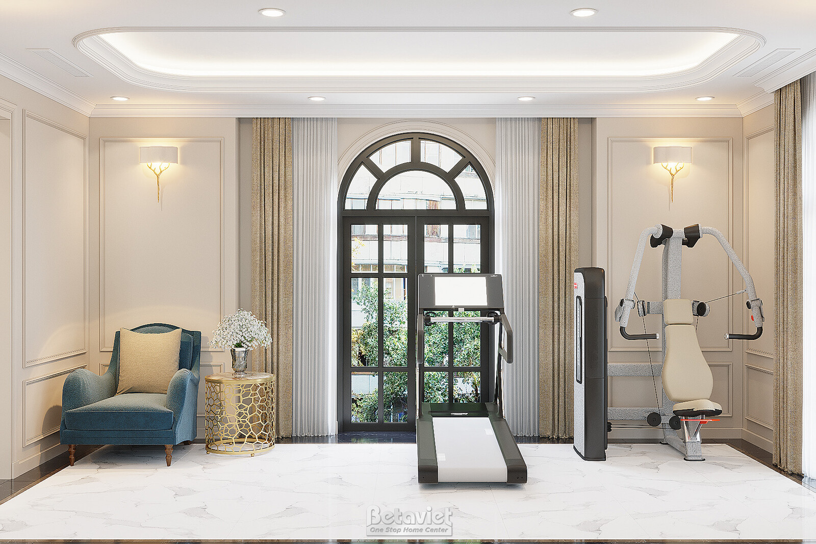Nội thất phòng tập gym biệt thự tân cổ điển NT21121A – góc nhìn tổng thể