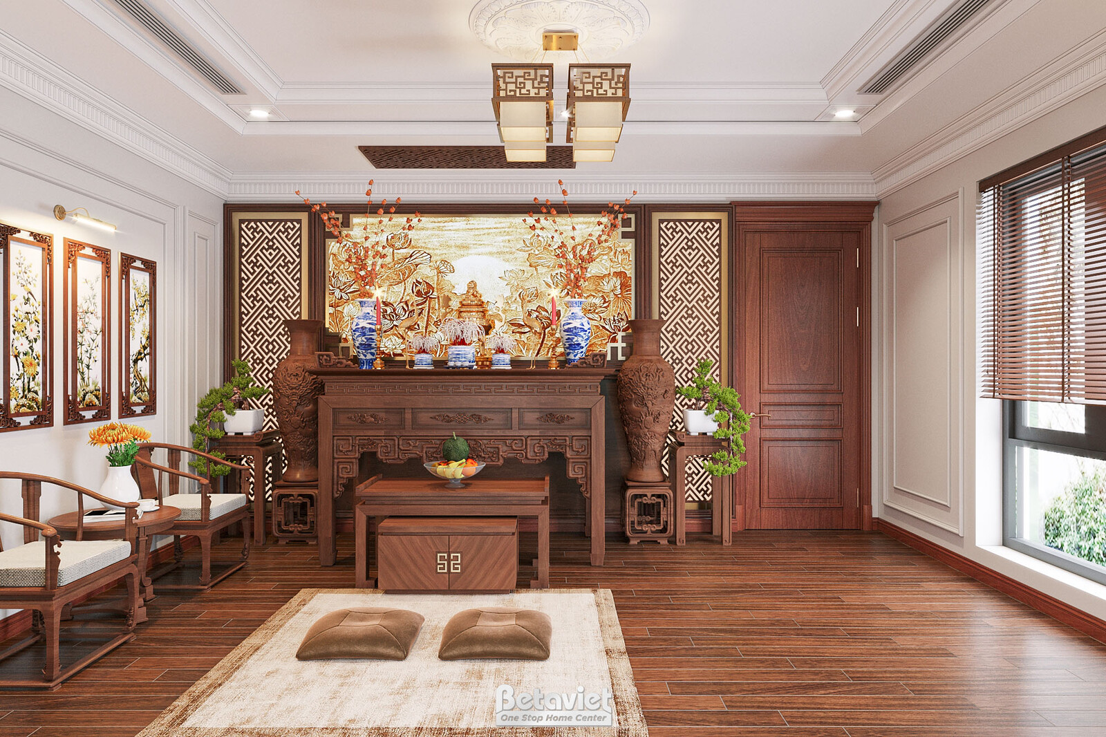 Không gian trang trọng với tủ gỗ chạm khắc tinh xảo, mảng ốp đá xuyên sáng phía sau. Ghế gỗ bọc nệm, đèn chùm cổ điển. Tôn…