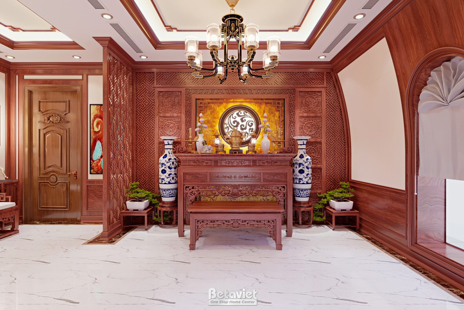 Không gian trang trọng với tủ gỗ chạm khắc tinh xảo màu nâu trầm, vách hậu CNC hoa văn truyền thống. Trung tâm là tủ gỗ lớ…