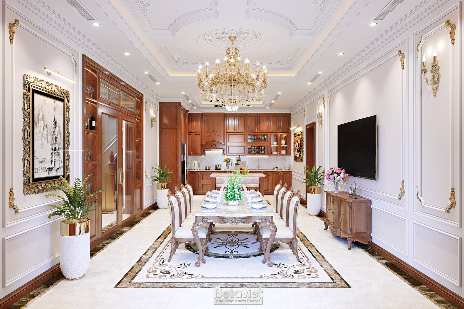 Nội thất phòng ăn biệt thự tân cổ điển NT22021 – góc nhìn tổng thể