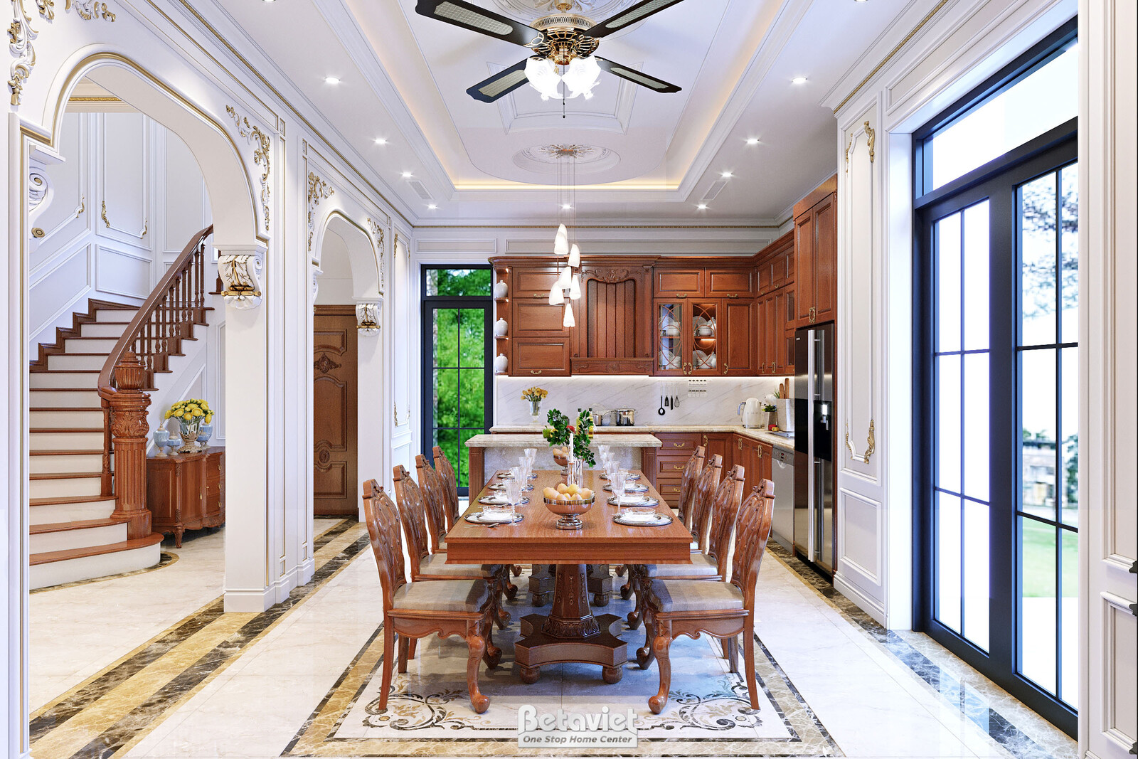 Nội thất phòng ăn biệt thự tân cổ điển KT22005 – góc nhìn tổng thể