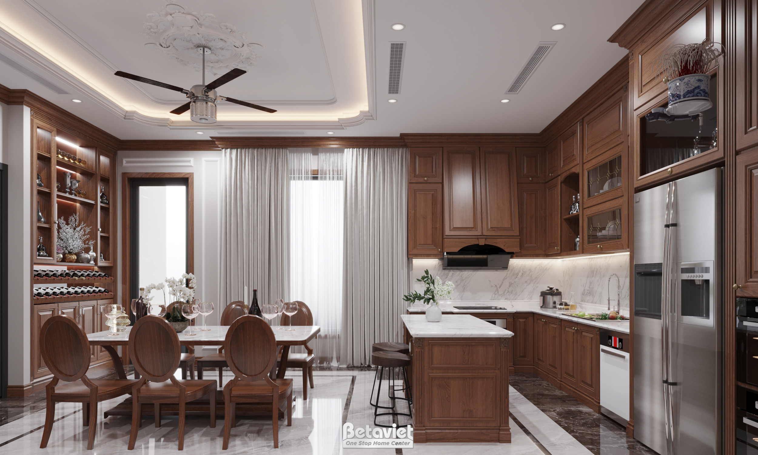 Thiết kế phòng bếp biệt thự gỗ truyền thống NT22153
