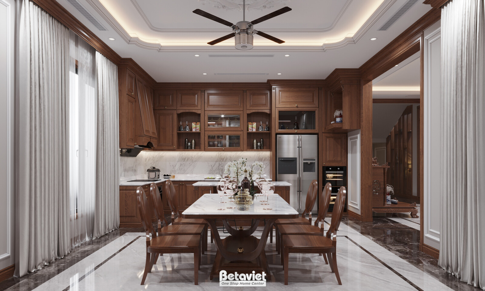 Nội thất phòng bếp biệt thự truyền thống KT22153 – góc nhìn tổng thể