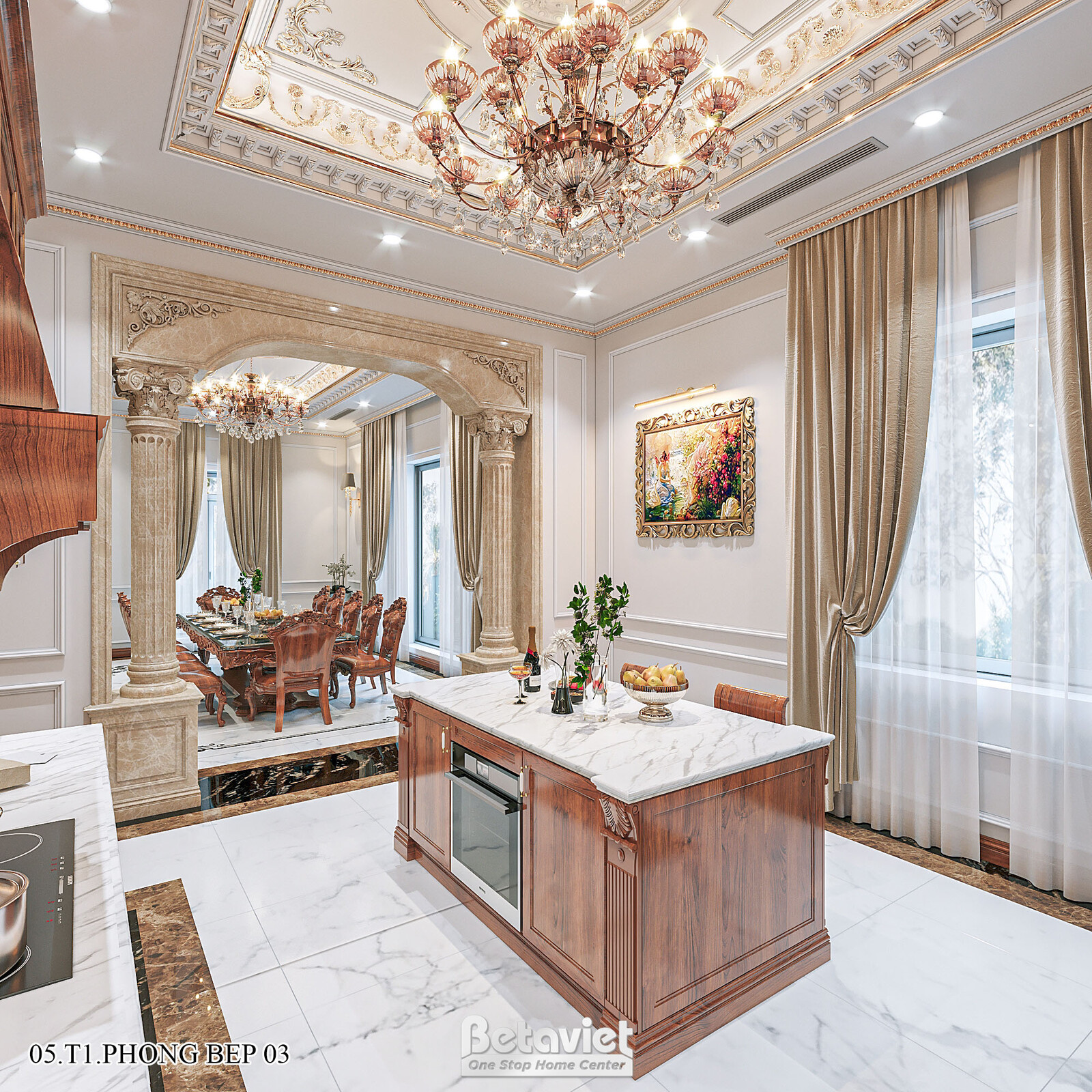 Nội thất phòng ăn biệt thự tân cổ điển KT21226 – góc nhìn tổng thể