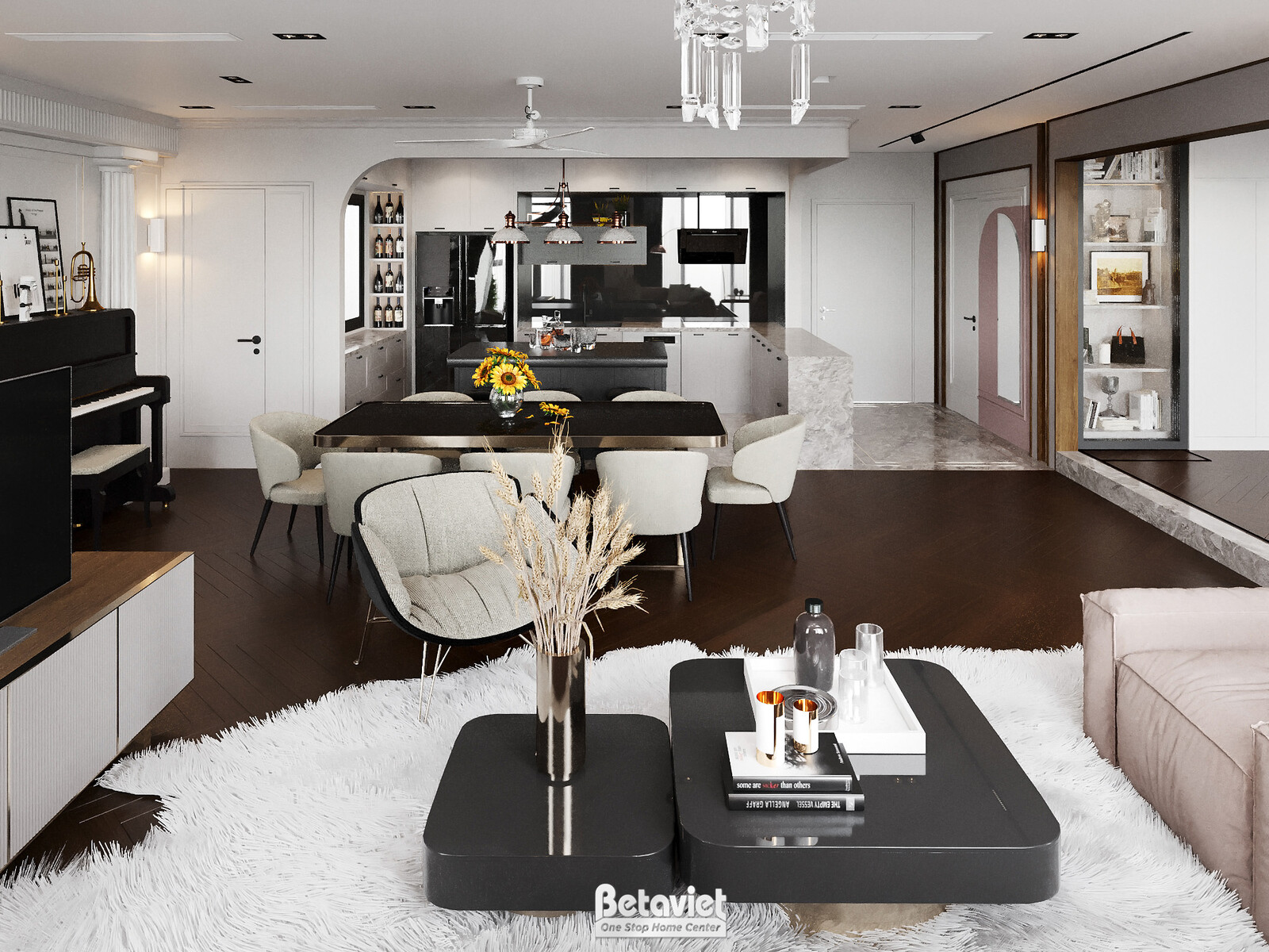 Phòng khách duplex với sofa bọc nỉ màu be, bàn trà mặt kính đen và thảm lông trắng. Cầu thang xoắn ốc bằng đá và lan can k…