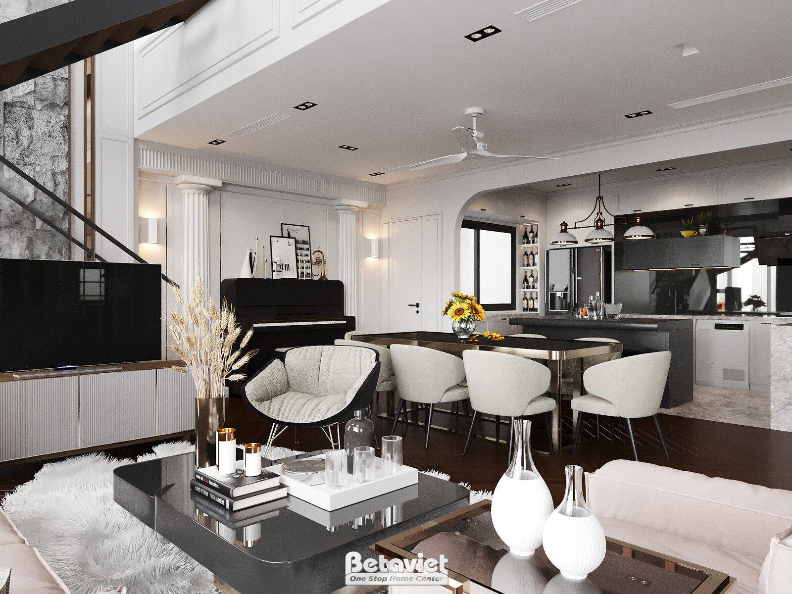 Phòng khách duplex nhìn từ góc cao, tổng thể không gian mở và liên thông với phòng ăn. Sofa bọc nỉ màu be, bàn trà mặt kín…