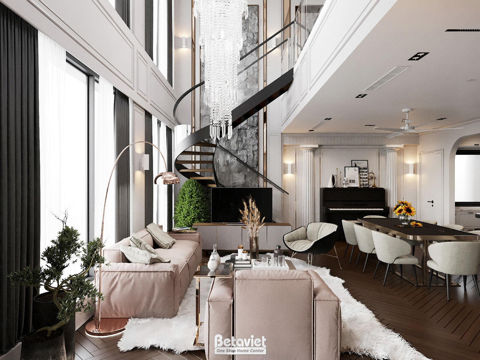 Phòng khách duplex với sofa bọc nỉ màu be, bàn trà mặt kính đen và thảm lông trắng. Cầu thang xoắn ốc bằng đá và lan can k…