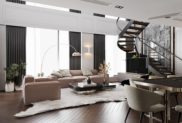 Phòng khách căn hộ Duplex NT21041 với cầu thang xoắn ốc bằng đá và lan can kính