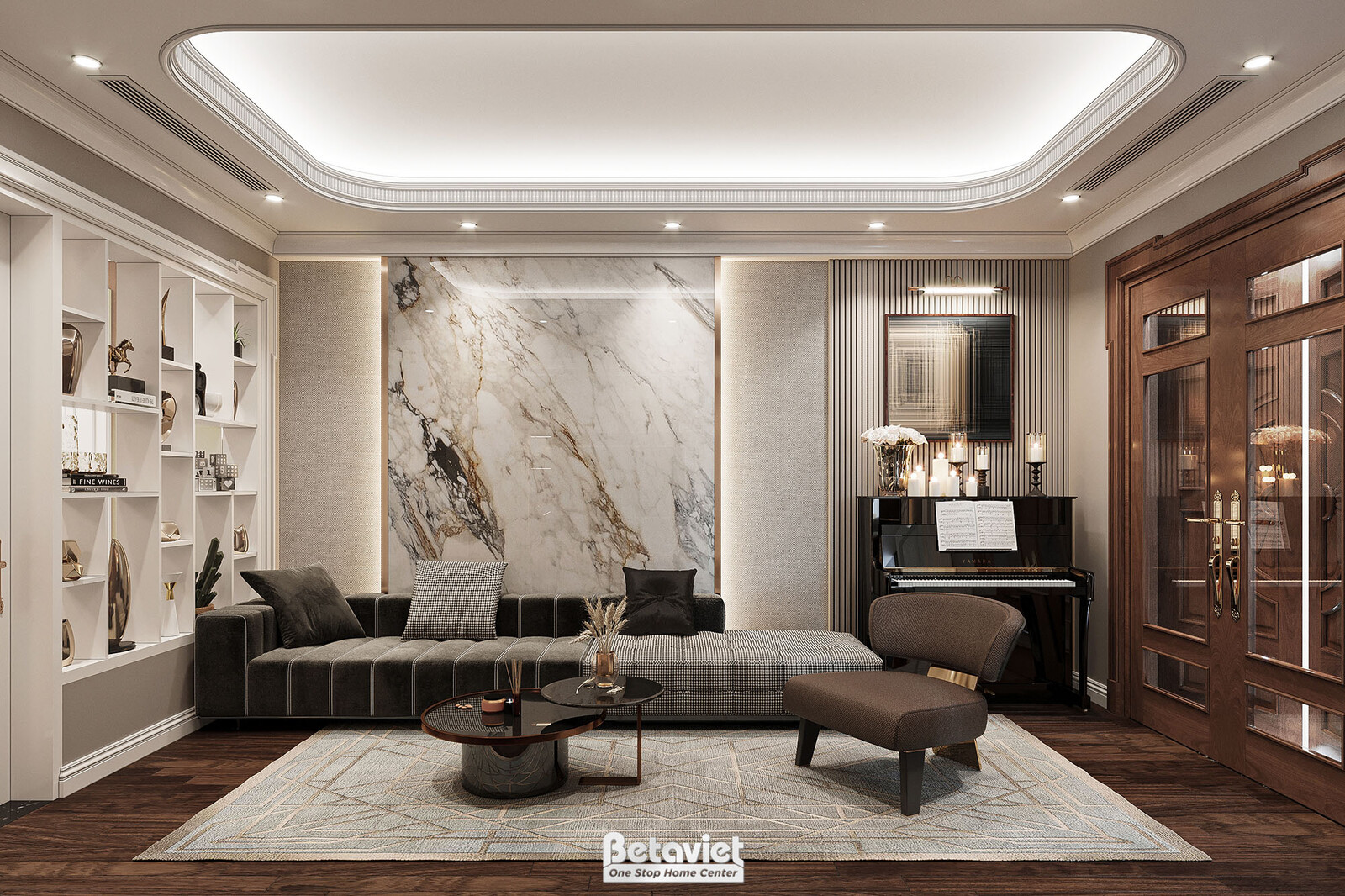 Nội thất phòng sinh hoạt chung biệt thự Art Deco NT21106 – góc nhìn tổng thể
