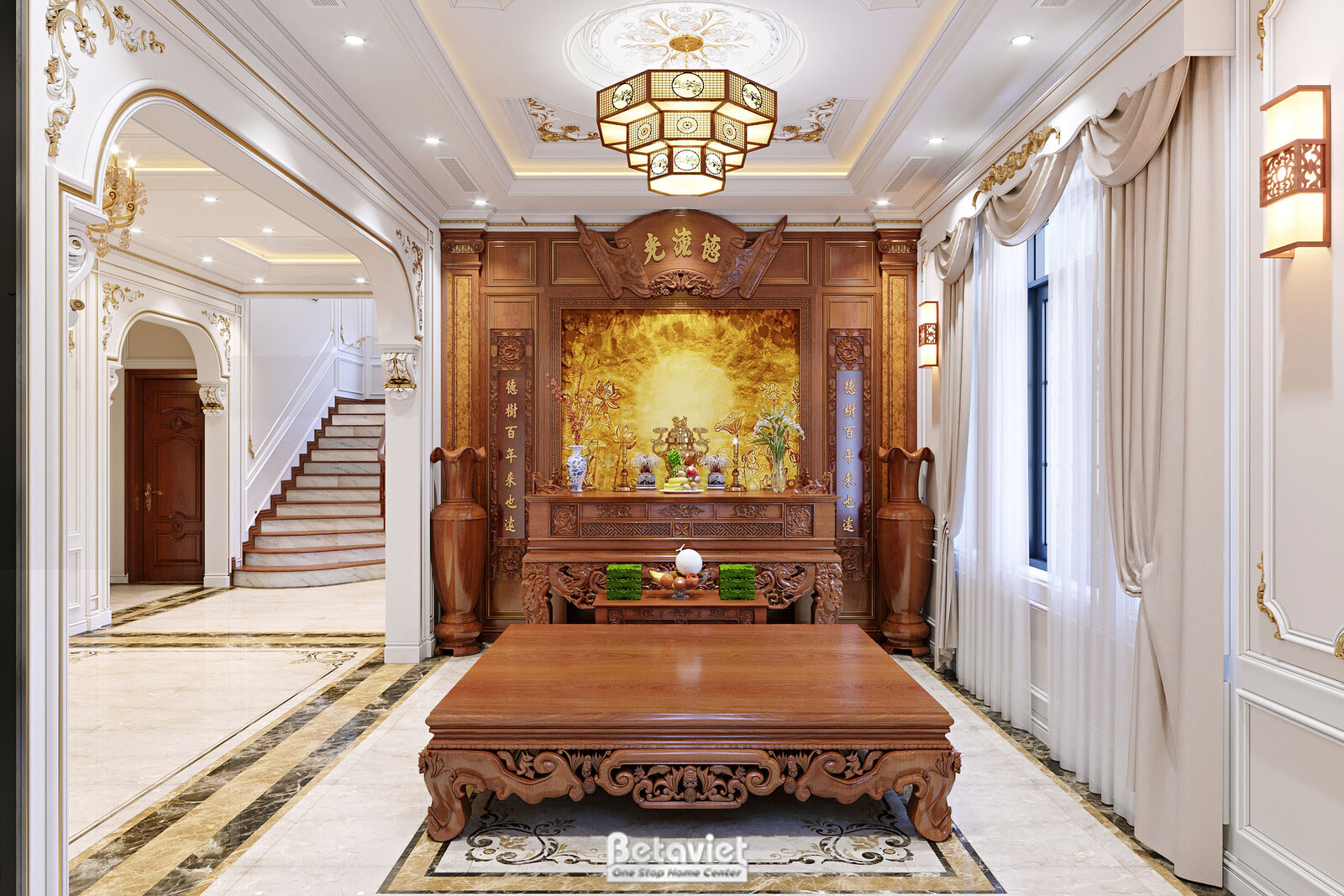 Không gian trang trọng với tủ gỗ tự nhiên chạm khắc tinh xảo, màu nâu trầm, đặt trang nghiêm. Phía trước là bàn gỗ lớn với…