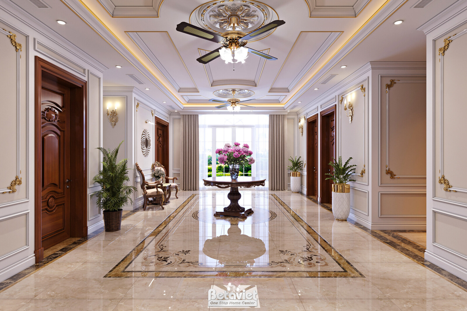 Nội thất hành lang biệt thự cổ điển KT21025 – góc nhìn tổng thể