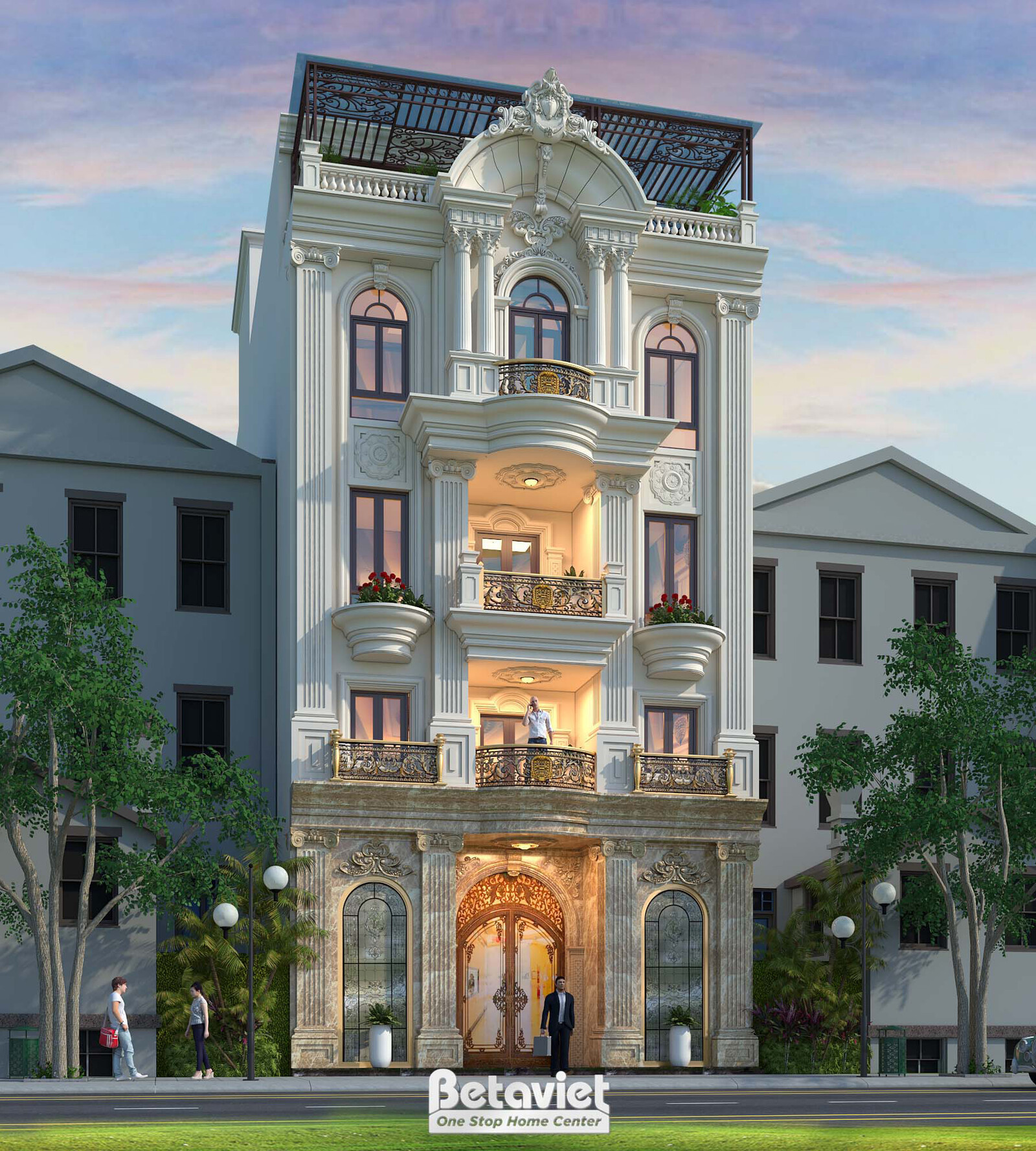 Ngoại thất tòa nhà trụ sở văn phòng với kiến trúc tân cổ điển bề thế, thể hiện sự cân đối và hài hòa. Các đường nét phào c…