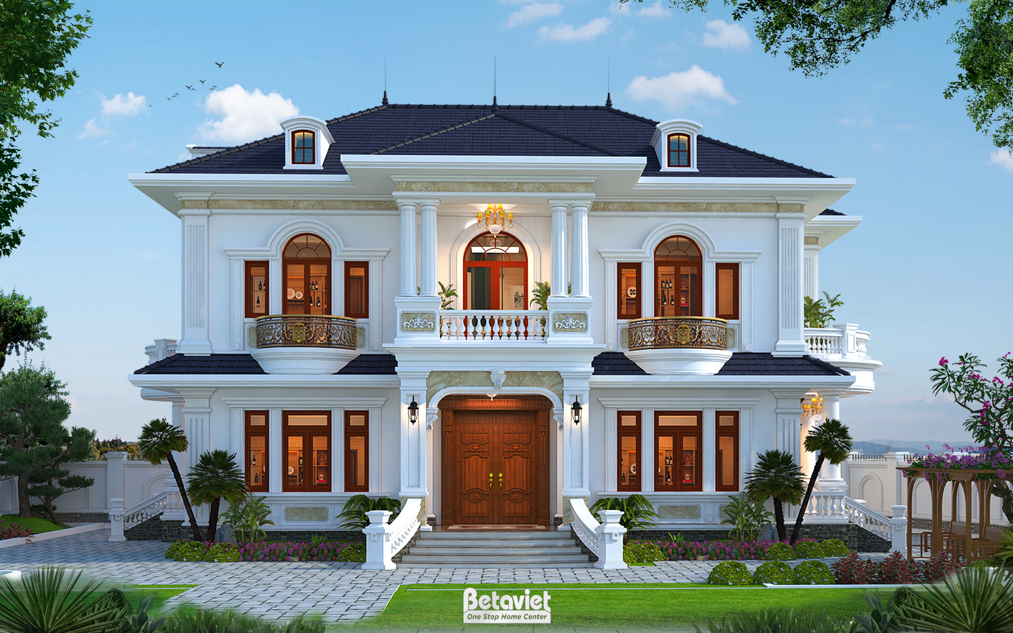 Biệt thự sân vườn mái thái 2 tầng phong cách tân cổ điển KT21086
