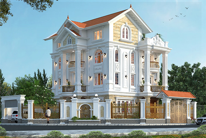 Biệt thự kiểu Pháp 4 tầng KT20166 tại Hà Nội – phối cảnh mặt tiền chếch