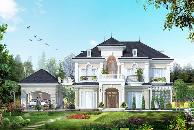 Biệt thự 2 tầng vườn tân cổ điển tại TP Hồ Chí Minh KT17012 – phối cảnh chính diện