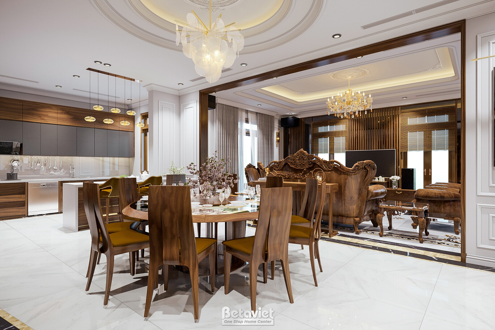 Nội thất phòng ăn biệt thự tân cổ điển KT20084 – góc nhìn tổng thể