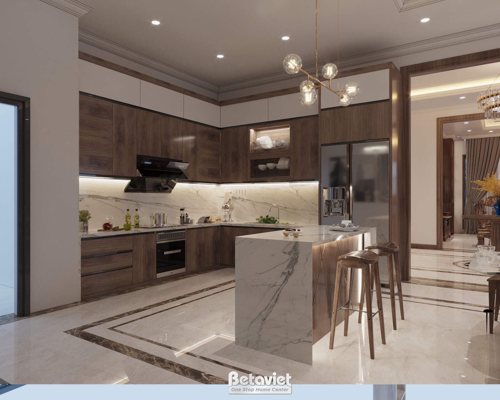 Nội thất phòng bếp biệt thự hiện đại gỗ KT21112 – góc nhìn tổng thể
