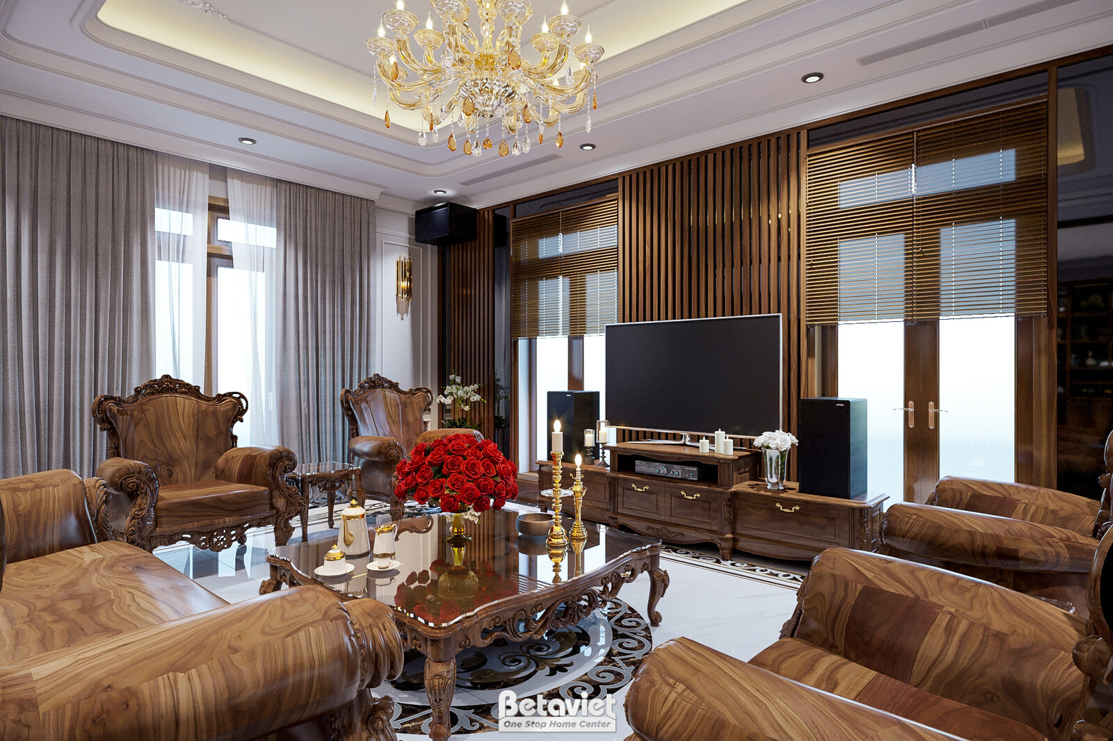 Nội thất phòng khách biệt thự tân cổ điển KT20084 – góc nhìn tổng thể