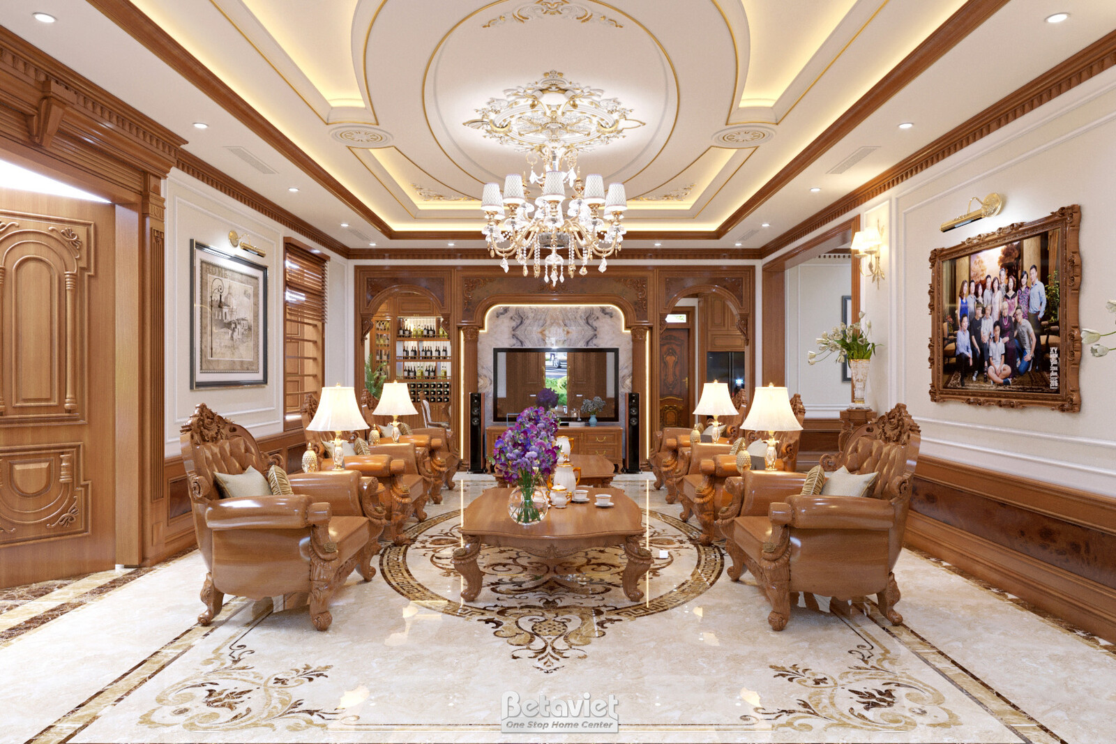 Nội thất phòng khách biệt thự tân cổ điển NT20142 – góc nhìn tổng thể