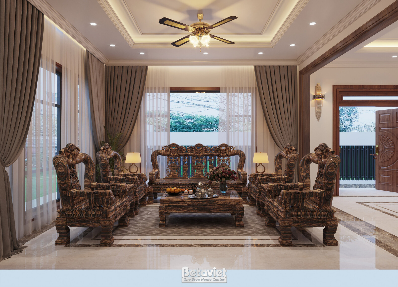 Nội thất phòng khách biệt thự hiện đại gỗ KT21112 – góc nhìn tổng thể