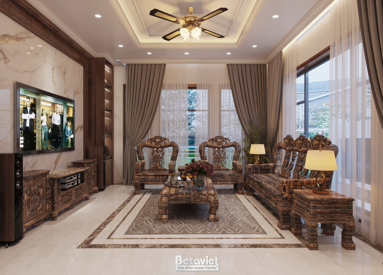Nội thất phòng khách biệt thự hiện đại gỗ KT21112 – góc nhìn 3
