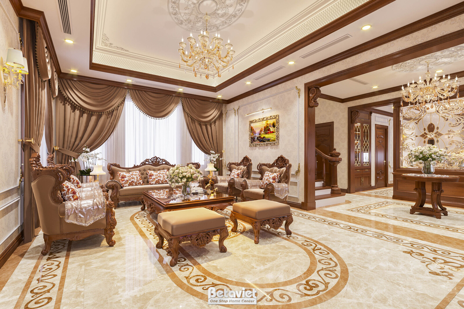 Nội thất phòng khách biệt thự tân cổ điển NT21122 – góc nhìn 2