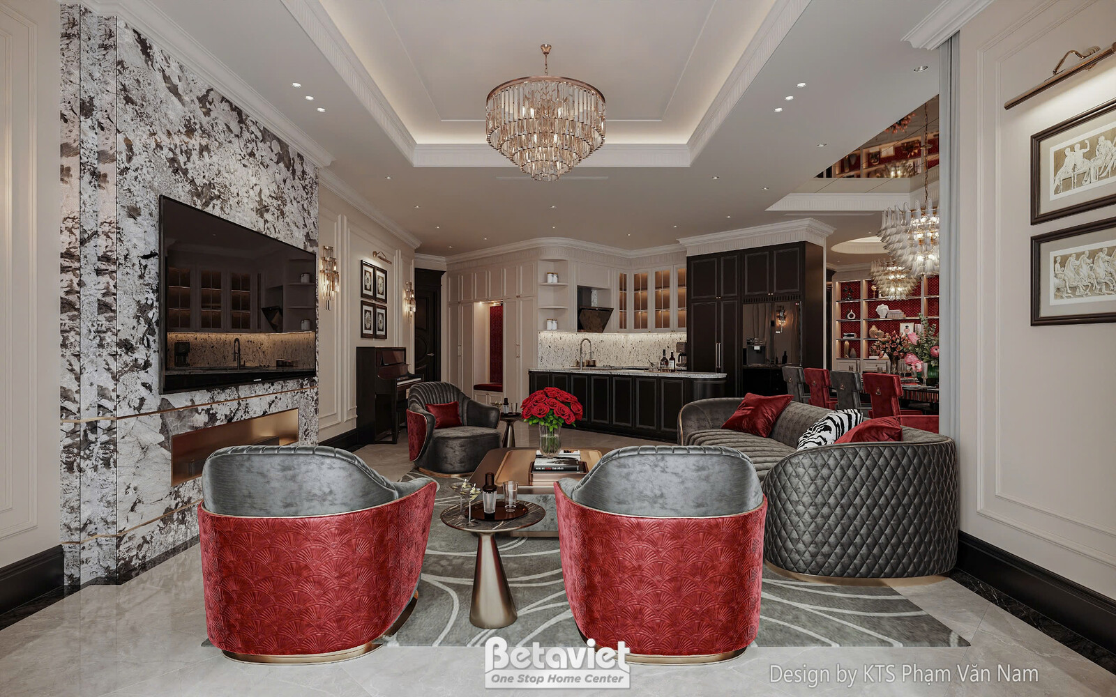 Góc phòng khách nhìn từ phía sau sofa, với bộ sofa xám và ghế đơn đỏ đô. Tường ốp đá vân mây trắng làm nổi bật không gian…